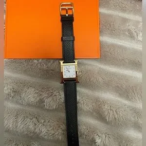 NWT Authentic Hermes H watch, Small model, 25 mm Noir with Gold Hardware Black Hermes Heure H Watch Small Model 25 MM In Epsom Calfskin  main image 3